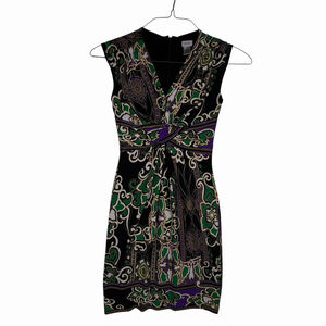 Cache Jersey Green Sheath Dress Floral Empire Zip Sexy Ruched Gold Size 4